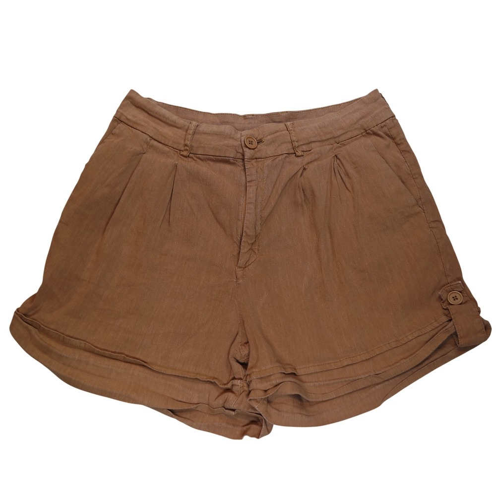 Kut From The Cloth Pleated Linen Blend Shorts Womens 14 Brown Cuffed Shorts